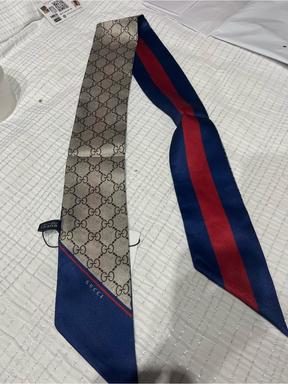 Gucci Silk Tie with Beige GG Monogram & Navy-Red Stripe